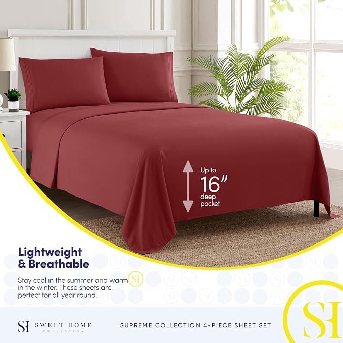 Twin Sheets - Breathable Luxury Sheets with Full Elastic & Secure Corner Straps Built In - 1800 Supreme Collection Extra Soft Deep Pocket Bedding Set, Sheet Set, Twin, Burgundy