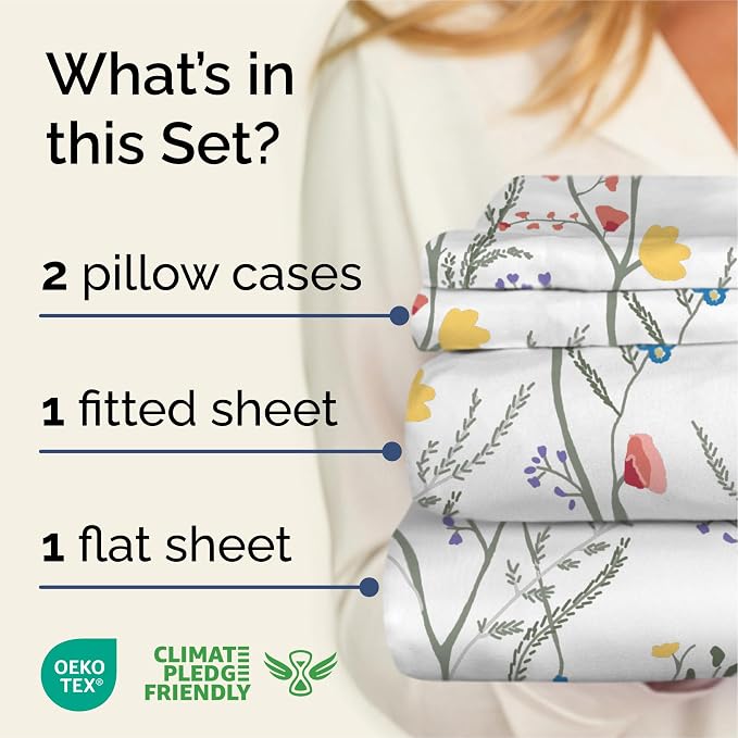 Cal King 4 Piece Floral Sheet Set - Breathable & Cooling - Wild Flower | 1 Flat, 1 Fitted & 2 Pillowcases w/ Deep Pockets, Boho Botanical Floral Bedding, Breathable & Cooling, Wrinkle & Fade Free