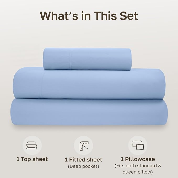 California Design Den Organic Cotton Twin Size Sheets, 3 Pcs, Light Blue | GOTS Certified, Lightweight Crisp & Airy Percale For Hot Sleepers, All-around Elastic, Easy Care