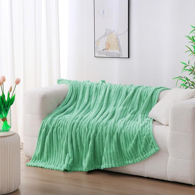 Mint Green Fleece Throw Blanket 50”×60” for Couch Sofa Livingroom | Super Soft Cozy Plush Microfiber Flannel Bed Blanket Striped Design Lightweight Home Decor Gifts for Adults Mom Women