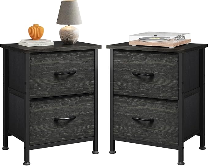 WLIVE Night Stand Set 2, Nightstand with 2 Fabric Drawers, Small Dresser for Bedroom, Bedside Table for Small Spaces, Dorm, Charcoal Black Wood Grain Print | Versatile Small Side Table, Sturdy Metal Frame & Adjustable Feet, 15-Min Quick-Assembly