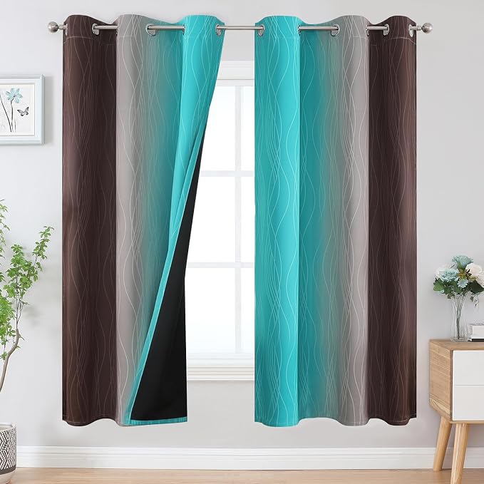 Brown and Teal Ombre Blackout Curtains for Bedroom 72 Inch | Light Blocking Gradient Curtains for Living Room,Thermal Insulated,Room Darkening Grommet Window Drapes,42Wx72L,2 Panels Set