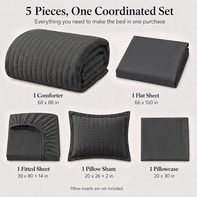 Twin XL Comforter Set, 5 Pieces Dark Grey Seersucker Bed in a Bag | OEKO-TEX Certified, College Dorm Twin Extra Long, 240 GSM Down Alternative Comforter, Flat & Fitted Sheets, Pillowcase & Sham