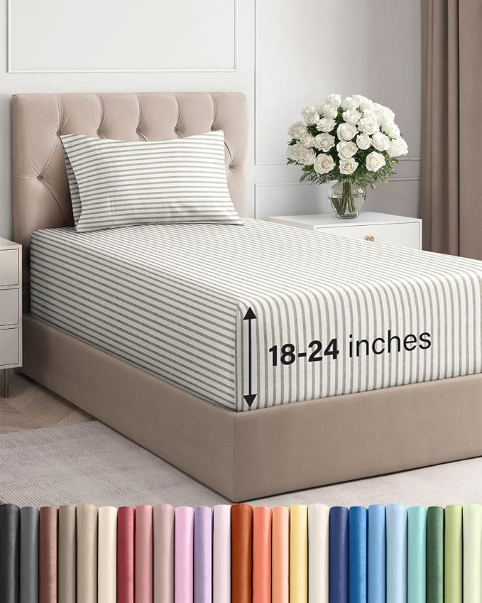 Extra Deep Twin Sheet Set - 3 Piece Breathable & Cooling - Beige Stripes | Easily Fits 18 to 24 inch Mattress - Ultra Soft, Wrinkle & Fade Free with Extra Deep Pockets - Comfy Hotel Luxury Bedding