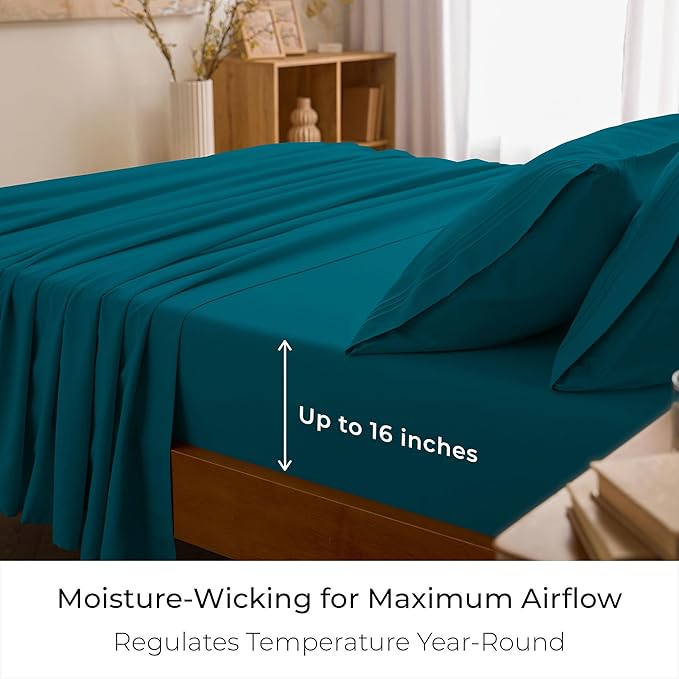 Mellanni Iconic 4-Piece Double-Brushed Microfiber Sheet Set (Queen, Teal) | Double-brushed softness; breathable comfort; 16-in deep pocket; machine washable; OEKO-TEX(R) certified; Lifetime Promise