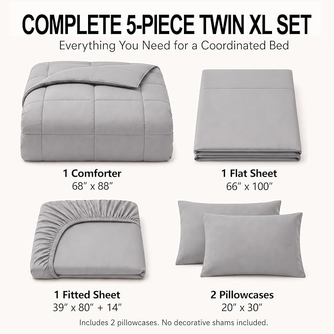Twin XL Comforter Set French Grey - 5 Pieces Twin XL Bed in a Bag | College Dorm Essentials, OEKO-TEX Certified, All Season, Down-Alternative Comforter + Flat & Fitted Sheets + 2 Pillowcases