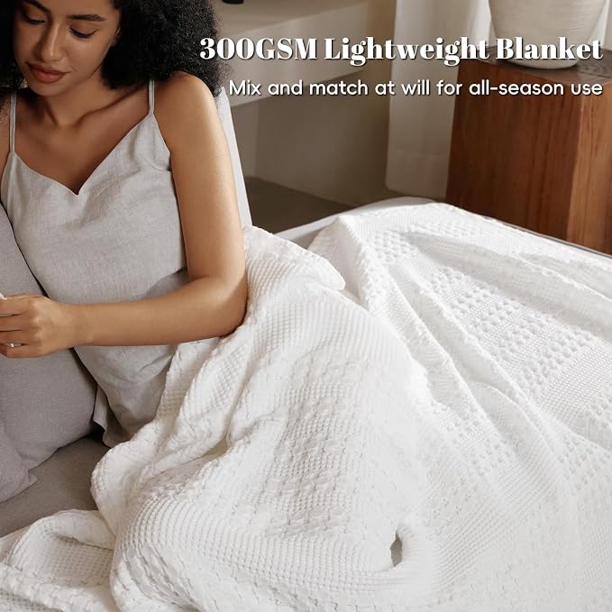 PHF Lightweight 100% Cotton Waffle Blanket for Bed, Queen, White | Pre-Washed Soft Cotton Comfort, Breathable Layering Warmth for Fall & Winter, Bed, Sofa, Couch, Home Decor & Gifts