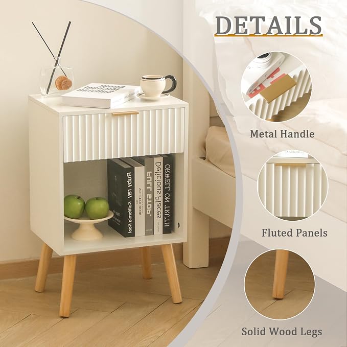 Fultyle White Nightstand, Modern Bedside Table with Drawer and Open Storage, Fluted End Side Table Living Room with Solid Wood Legs for Bedroom (White)