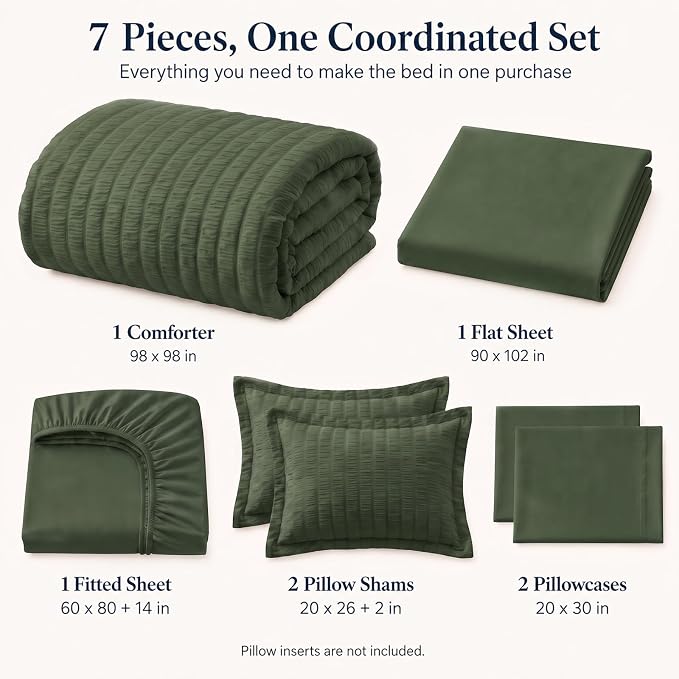 Oversized Queen Seersucker Comforter Set, Olive Green, 98 x 98 in | OEKO-TEX Certified, 7 Pieces Bed in a Bag with 240 GSM Down Alternative Comforter, Flat & Fitted Sheets, Pillowcases & Shams