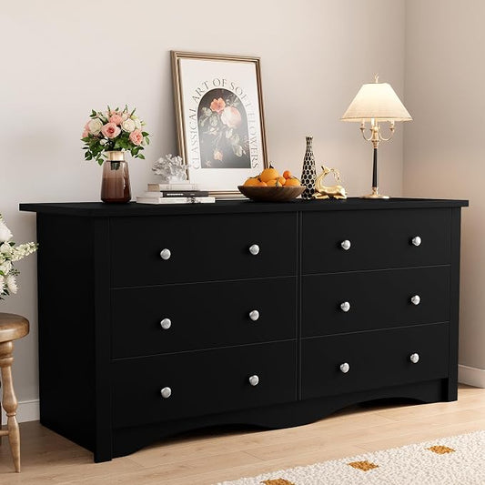 Shahoo Black Dresser for Bedroom with 6 Drawers, 47.2" Wood Dresser | Chests of Drawers, Anti-tip, Storage Organizer, TV Stand for Living Room, Closet, Hallway, Dormitory