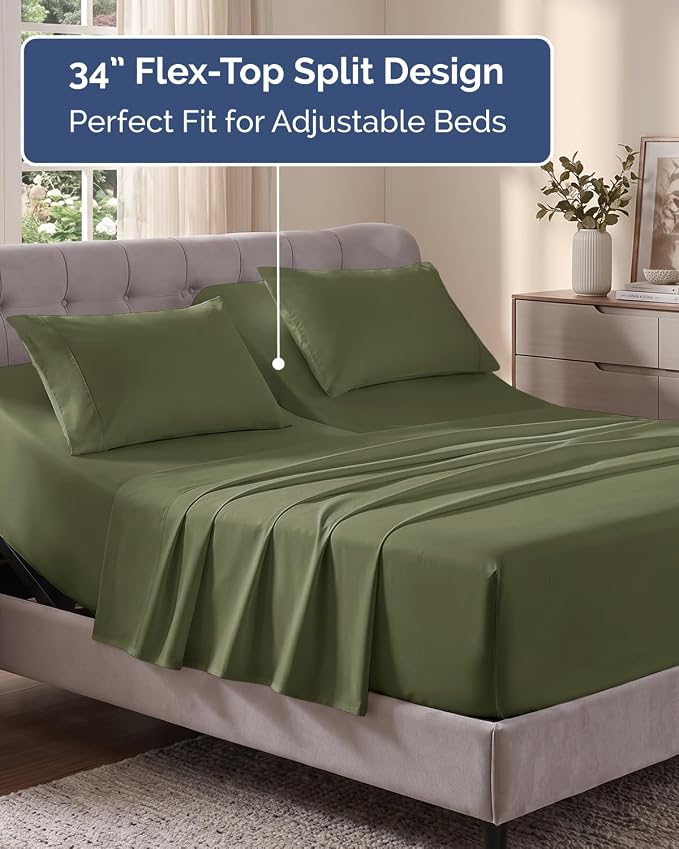 Flex Top Split Head King Sheet Set - 4 Piece Extra Deep Sheets - Sage Green | Easily Fits 18 to 24 inch Mattress, Ultra Soft, Wrinkle & Fade Free with Extra Deep Pockets, Comfy Hotel Luxury Bedding