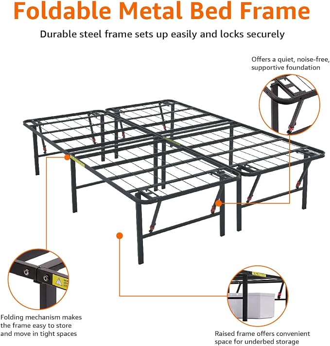 Amazon Basics Foldable Metal Platform Bed Frame with Storage Space, Sturdy Steel, No Box Spring Needed, 18 Inches High, Tool-Free Setup, Noise Free, King Size, Black