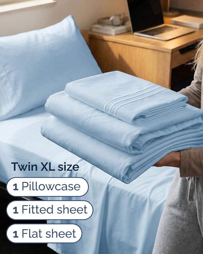 Twin XL 3 Piece Sheet Set - College Dorm Room Essentials - Light Blue | Deep Pocket Bed Sheets for Women, Men, Teens & Students, Soft, Cooling, Breathable & Wrinkle Free, Oeko-Tex Bed Sheet Set