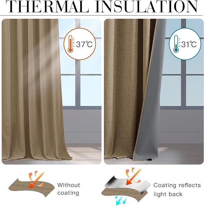 RYB HOME Burlap 100% Blackout Linen Curtains 72 Inch Long for Bedroom | Rod Pocket Back Tab, Thermal Insulated Privacy Assured, for Bedroom Office Nursery Living Room Dormitory, W52 x L72, 2 Panels