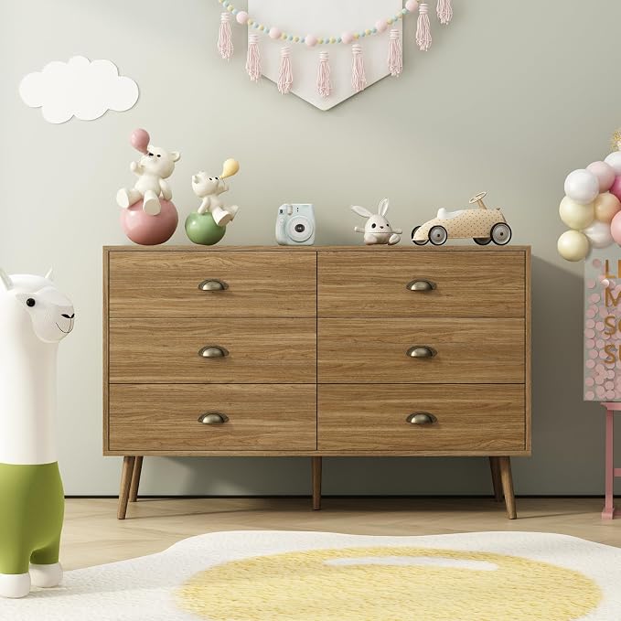 Oak 6 Drawer Dresser for Bedroom, 47" Wood Dresser with Gold Handles. | Modern Dressers & Chests of Drawers for Living Room, Hallway, Entryway.