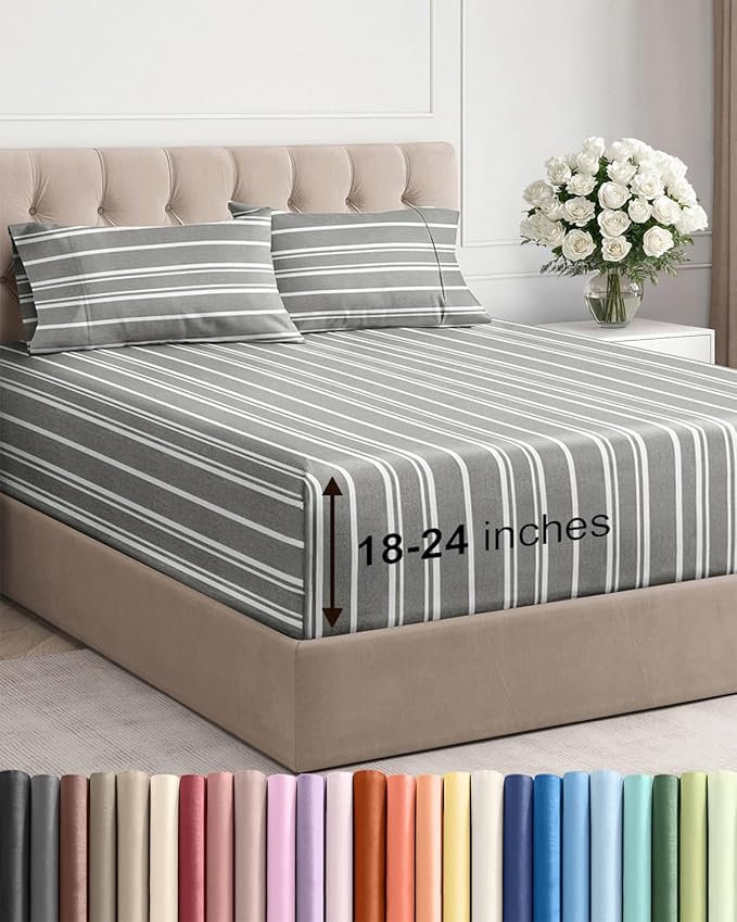Extra Deep Cal King Sheet Set - 4 Piece Breathable & Cooling - Grey Stripes | Easily Fits 18 to 24 inch Mattress, Ultra Soft, Wrinkle & Fade Free with Extra Deep Pockets, Comfy Hotel Luxury Bedding