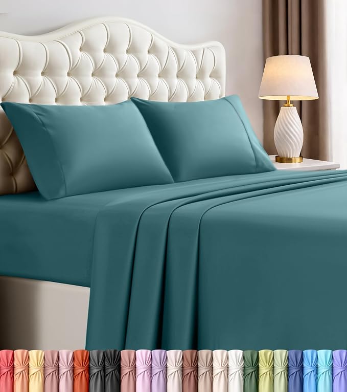 Queen Sheets Set, 4 Pieces 16" Deep Pocket Hotel Luxury Sheets, Denim Blue | Extra Soft Bedsheet Set, Comfy & Breathable Cooling Sheets, Wrinkle & Fade Resistant, Fitted Sheet, Flat Sheet, 2 Pillowcases