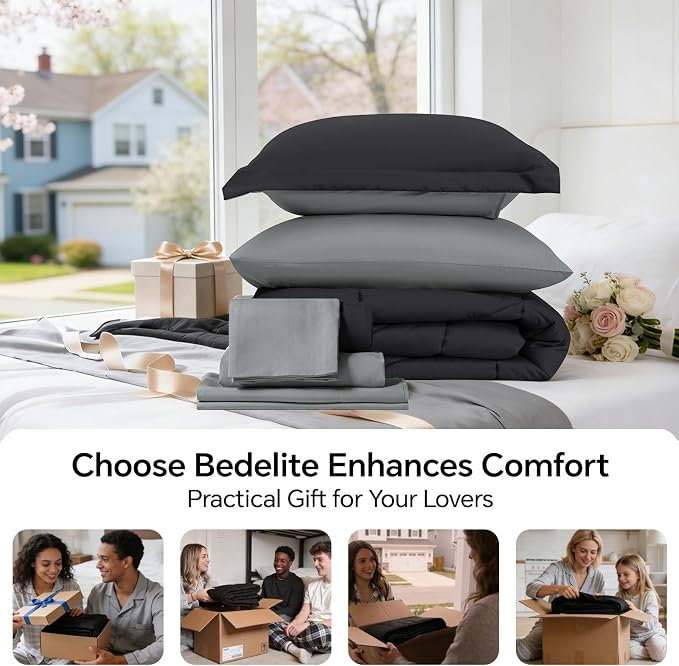 BEDELITE Queen Comforter Set 7 Pieces, Charcoal Black Bed in A Bag | Soft All Season Down-Alternative Comforter, Sheets, Pillowcases & Shams, OEKO-TEX Certified Bedding for Bedrrom, Guest Room