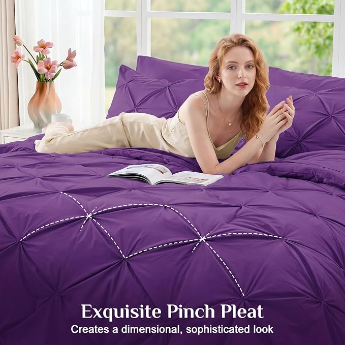 JOLLYVOGUE King Size Comforter Set 7 Pieces - Bed in a Bag King for All Season, Pintuck Bedding Comforter Sets with Comforter, Flat Sheet, Fitted Sheet and Pillowcases & Shams, Purple