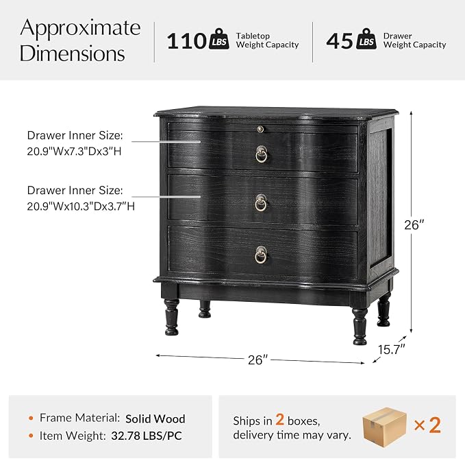 HULALA HOME Solid Wood End Table Set of 2 with Charging Station, 3 Drawer End Table with Pull-Out Tray, USB & Type-C Ports, Traditional Curved Front Accent Side Table for Living Room Sofa, Charcoal