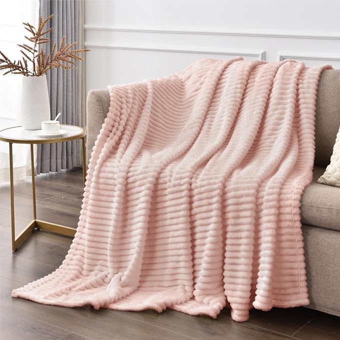 BEDELITE 3D Ribbed Light Pink Fleece Throw Blanket for Couch, 50x60 Inch | Soft Warm Decorative Fluffy Blanket, Cozy Plush Lightweight Fuzzy Throw Blanket for Bed Sofa Home Room Decor, Gift for Women