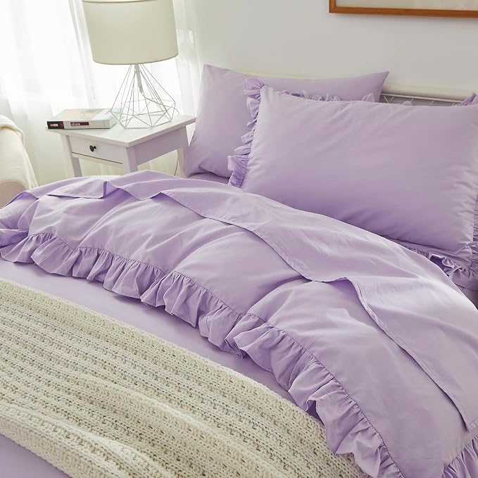 Brandream Kids Bedding Set Full/Queen Size 100% Organic Cotton Duvet Cover Shams Set for Girls 3pc, Delicate Ruffle Fringe Solid Color Soft and Breathable (Purple)