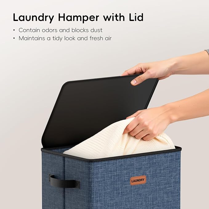 100L Laundry Hamper with Lid, Large Clothes Hampers with Removable Bag, Collapsible Laundry Basket for Bathroom, Bedroom, Laundry Room, Dorm, Navy Blue