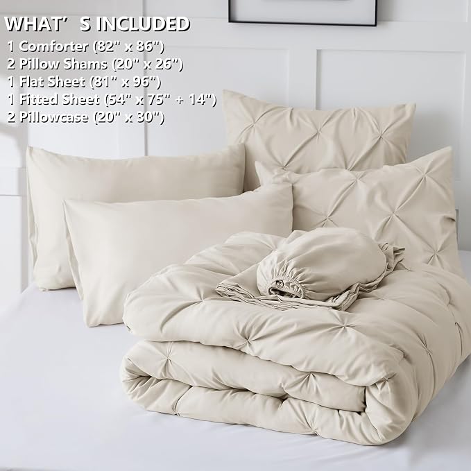 HIMEET Full Size Comforter Set Beige - 7 Pieces Pintuck Bed in a Bag | OEKO-TEX Certified, 240GSM Down Alternative Comforter, 14" Deep Pocket Fitted Sheet + Flat Sheet + 2 Pillowcases + 2 Shams