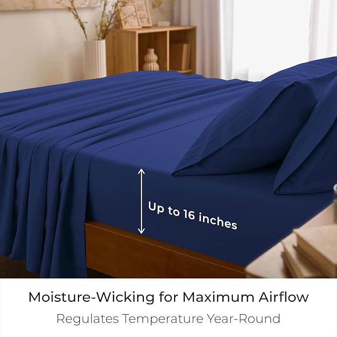 Mellanni Iconic 4-Piece, Ultra Soft Sheet Set (Queen, Royal Blue) | 10M+ Sleepers. Lab-tested: Sleeps Cool, Stays Bright, Strong, Smooth. Good Housekeeping Best Bedding, 7 yrs running.