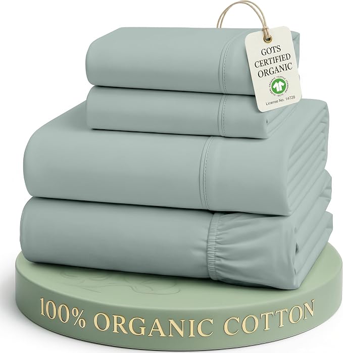 LANE LINEN Queen Bed Sheets 100% Organic Cotton 4pc Percale - French Blue | GOTS Certified Organic Cotton Percale Queen Sheet Set - Naturally Cooling & Lightweight, Cool All Summer, Cozy All Winter