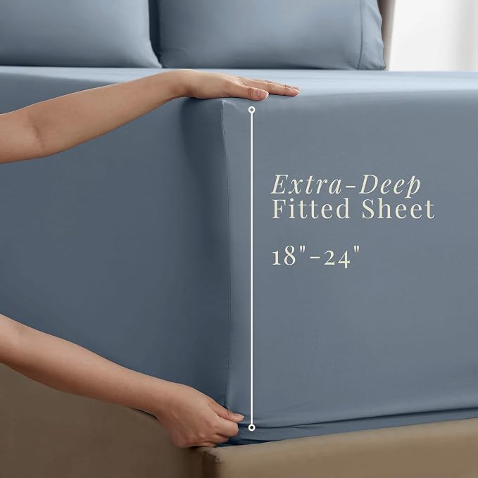 Hearth & Harbor Bed Sheets, Luxury Soft 6 Piece Bed Sheet Set Extra Deep Pocket Fitted Sheets Fits Mattress up to 21", Double Brushed Bedding Sheets & Pillowcases, Cal King, Soft Blue