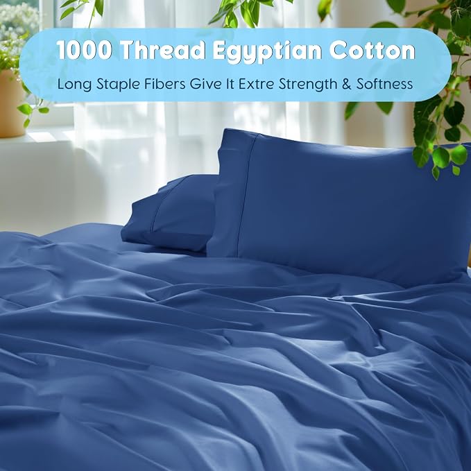 SONORO KATE 1000 Series 100% Egyptian Cotton Queen Sheet Set,4 Pieces | Soft,Breathable Long Staple,Sateen Weave,Luxury 5-Star Hotel Bed Sheets,16" Deep Pocket,Navy Blue