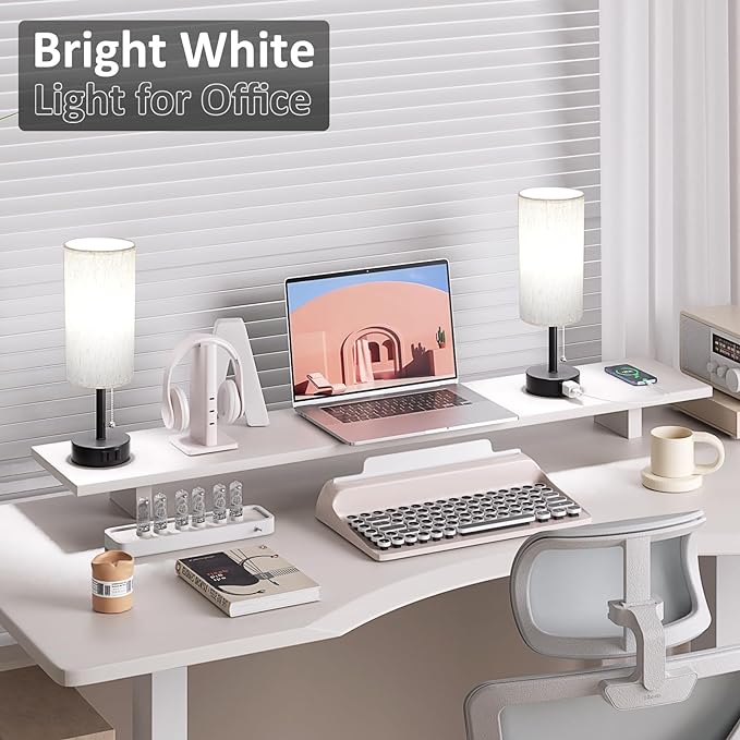Bedside Table Lamps Set of 2 - Bedroom Lamp for Desk, AC Outlet | Pull Chain, 3 Color Temperatures (3000K/4000K/5000K), LED Bulbs Included, 14in Small Lamp for Dorm, Nightstand, Living Room