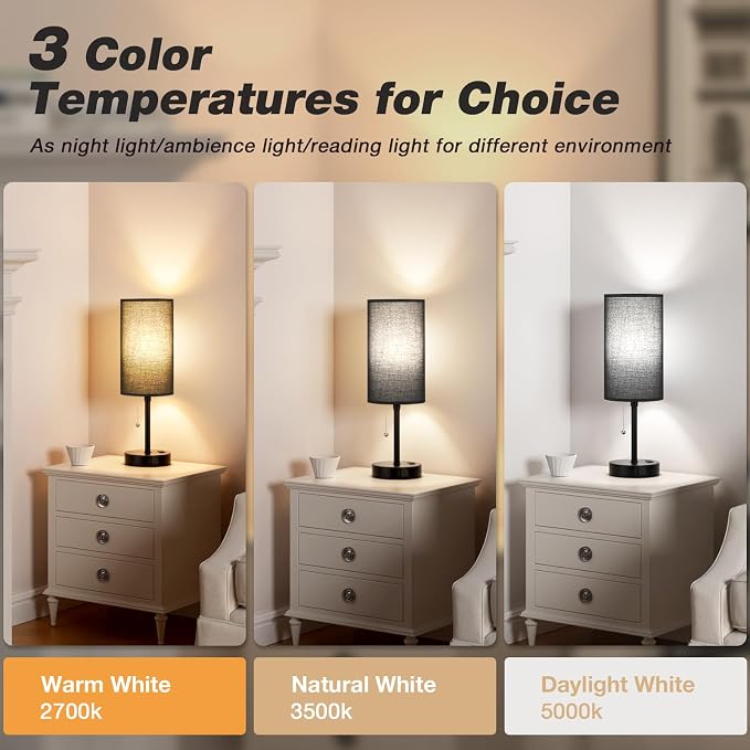 17in Bedside Table Lamp for Bedroom, Desk Lamp with USB Ports for Dorm | 17" Night Stand Lamp, USB A+C Ports, AC Outlet, 3 Color Temperatures, LED Bulb Included, Black Fabric Shade, Matte Black Base