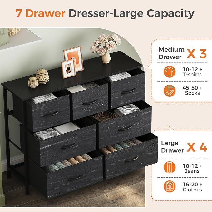 Sweetcrispy 7 Drawer Dresser for Bedroom Storage with Fabric Bins | Anti-Tip Closet Organizer, Wooden Top, Steel Frame, Spacious Drawer for Clothes Storage, Hallway Entryway, Black Wood Grain