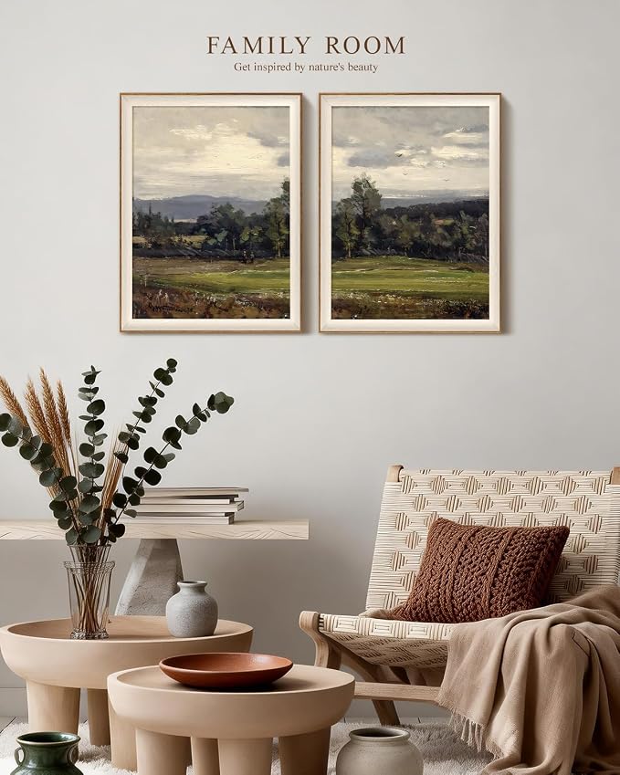 VIYYIEA Framed Vintage Landscape Wall Art Set of 2, Impressionist Pastoral Nature Canvas Painting Print, Rustic Country Cottagecore Home Decor for Living Room Bedroom, 16x20 Inch