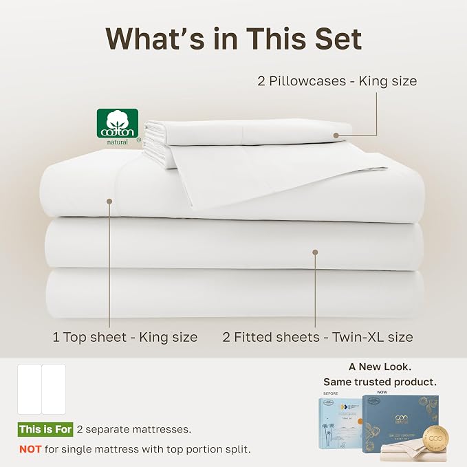 California Design Den 100% Cotton Sateen Split King Sheet Set, 5 Pcs Set | 500 Thread Count with Good Housekeeping Seal, Split King Sheets Sets for Adj. Bed with 2 Sep. Twin-XL Mattresses - True Ivory