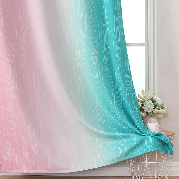 Pink and Teal Ombre Blackout Curtains for Bedroom 63 Inch | Gradient Kids Room Darkening Curtains,Thermal Insulated,Light Blocking Grommet Window Drapes for Living Room,52Wx63L,2 Panels