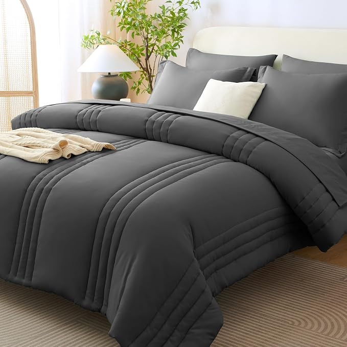 King Size Comforter Set Dark Grey- 7 Pieces Bed in a Bag | OEKO-TEX Certified, 240GSM Down-Alternative Comforter, 14" Deep-Pocket Sheets, Shams & Pillowcases, Lightweight