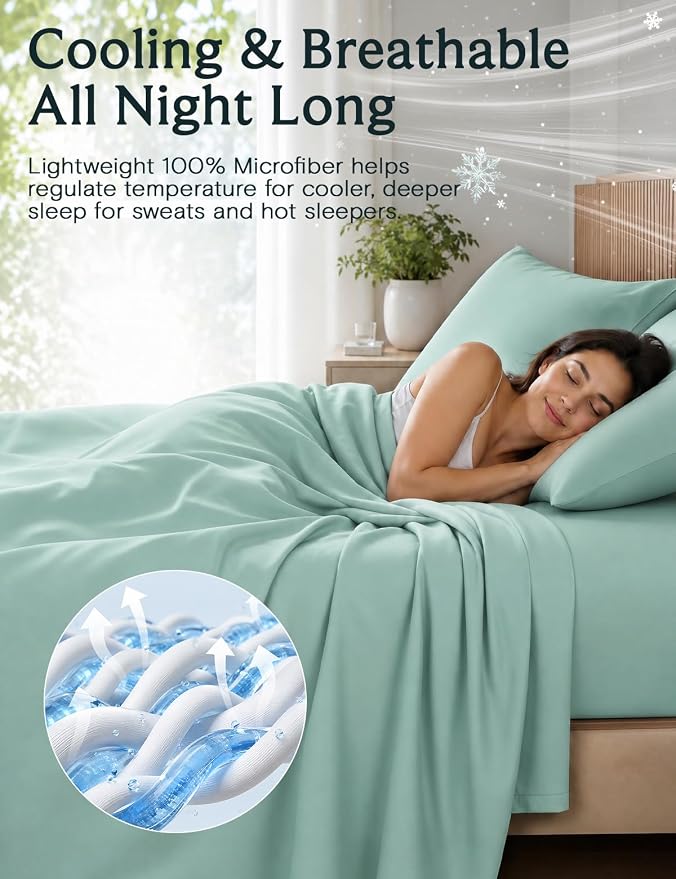 LuxClub 4 PC California King Sheet Set, Deep Pockets Wrinkle Free Cooling Bed Sheets Hotel Bedding for Women, Men, Includes 1 Fitted Sheet, 1 Flat Sheet and 2 Pillowcases-Light Teal | LuxClub Silky Fitted Sheet & Pillowcase Sets, Breathable Hotel Luxur...