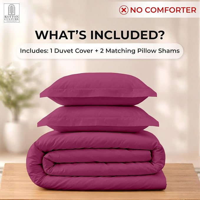 Kotton Culture 3 Pc 120" x 98" Duvet Cover Set Oversized King 100% Egyptian Cotton - 600 Thread Count Comforter Cover, Zipper Closure & Corner Ties - Fits Large King Inserts - Hot Pink