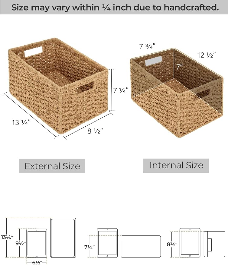 StorageWorks Wicker Storage Baskets for Shelves, Paper Rope Basket, 2-Pack | Rectangular Wicker Storage Baskets, Wicker Basket with Handles, Pantry Organizer and Storage, Woven Baskets,13"L x 8¼"W x 7"H