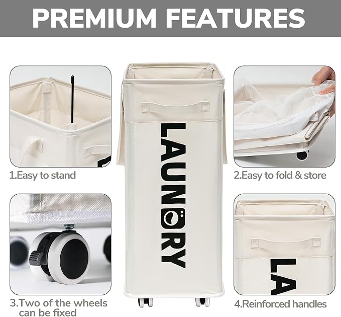 Goodpick 75L Laudnry Basket with Wheels & Removable Wash Bag for Dorm | Rolling Clothes Hamper with Handles for Dirty Clothes, Fodable Laundry Basketr for Dorm Room White