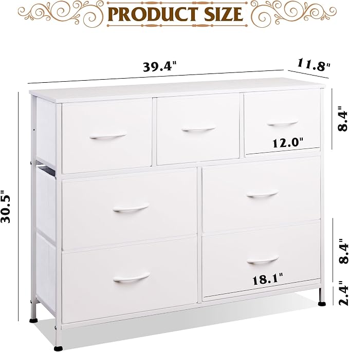 WLIVE Dresser for Bedroom, 7 Drawers, TV Stand, White | 7 roomy fabric drawers, Fits TVs up to 45 inch, Bedroom or living room, Wide storage design, Chest of drawers