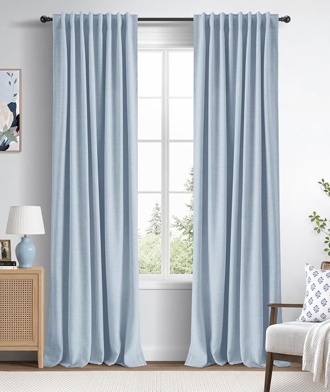 INOVADAY 100% Blackout Linen Curtains for Bedroom 50x96 Chambray Blue | Linen Textured, Light Blocking, Room Darkening, Thermal Insulated, Back Tab Top, Window Curtains for Living Room, 2 Panels