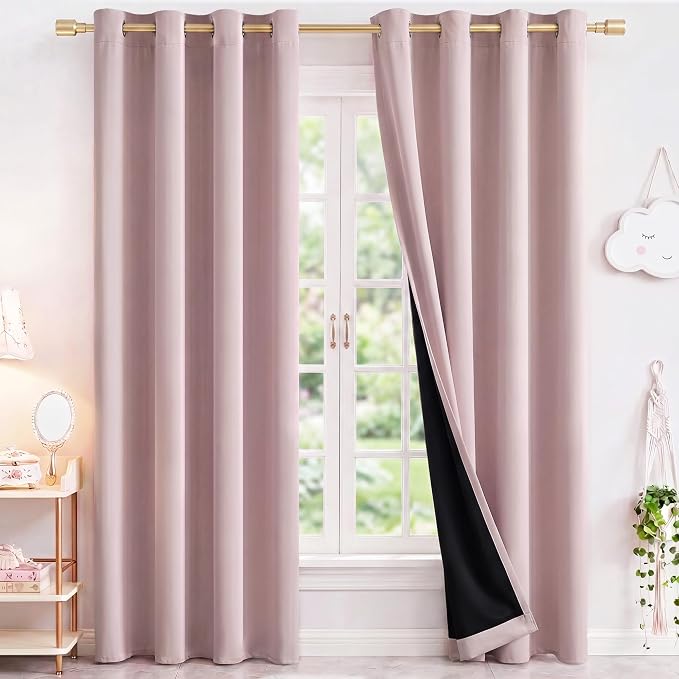 NICETOWN Blush Pink 100% Blackout Curtains for Nursery 52" x 84" 2 Panels | Window Panels with Black Liner, Heat Cold Blocking Drapes, Thermal Insulated Noise Reducing Light Blocking for Bedroom