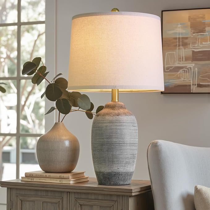 USumkky 24.5" Vintage Ceramic Table Lamp with 5FT Cord,Single Farmhouse Rustic Bedside Lamp with Natural Textured Finish, Nightstand Lamps for Living Room, Bedroom End Table Office Rustic Black & Gray
