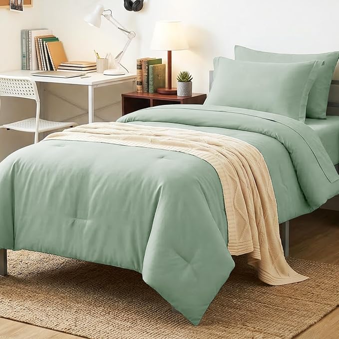 Twin XL Comforter Sage Green, 5 Pieces Bed in a Bag | College Dorm Essentials, OEKO-TEX Certified, 240GSM Down Alternative Comforter, Flat & Fitted Sheets, Pillowcase & Sham
