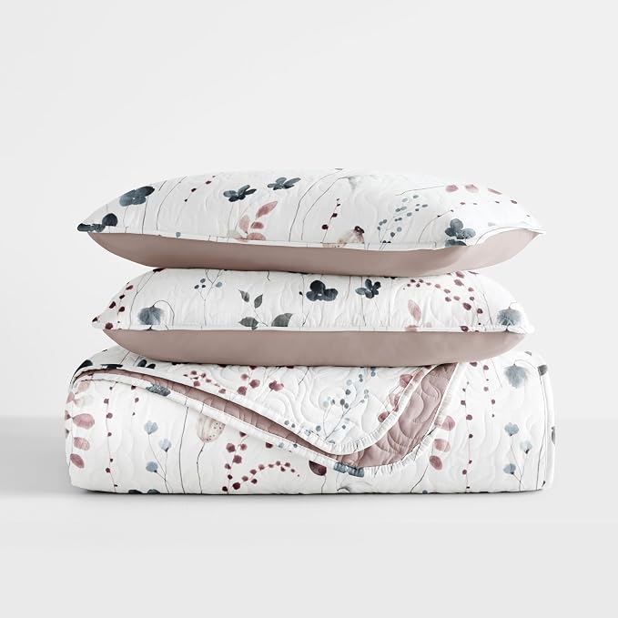 Merit Linens 3 Piece Quilt Set - Super Soft - Lightweight - All Season Quilted Coverlet - Floral Patterns - Full/Queen Mauve