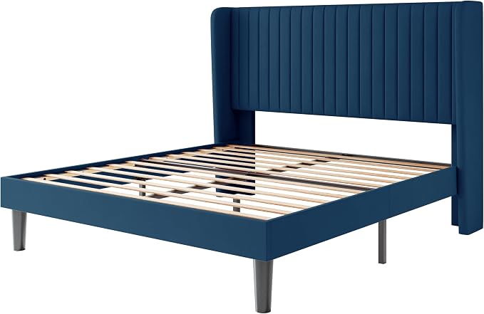 SHA CERLIN Full Size Velvet Bed Frame, Tufted Wingback Headboard, Blue | 47'' Modern Vertical Channel Headboard, Upholstered Platform Bed, Wood Slats, No Box Spring Needed, Easy Assembly, Noise Free